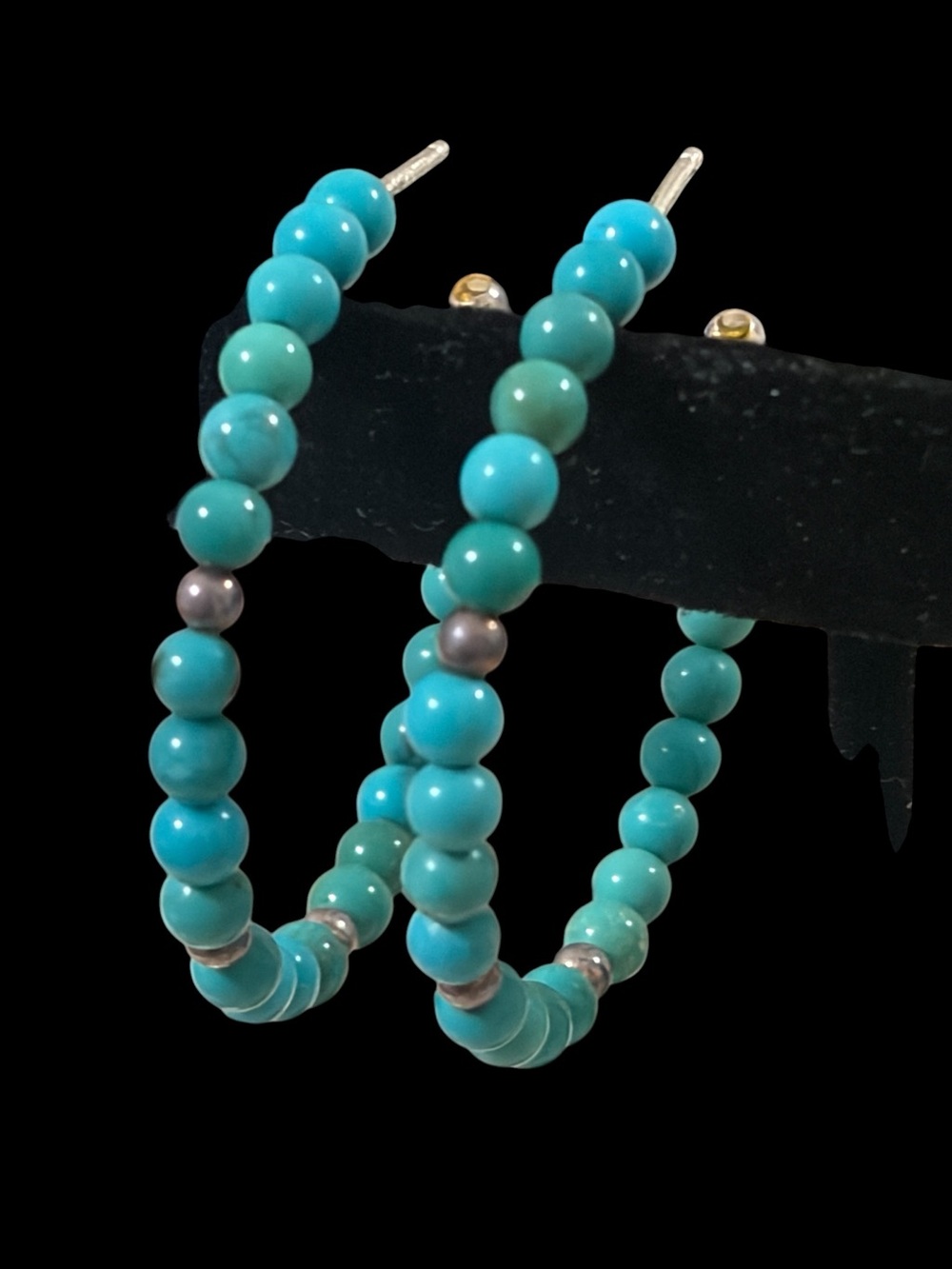 Sterling Turquoise Beaded Hoop Earrings - Picture 3 of 7
